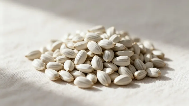 Close-up of white-grey striped safflower seeds